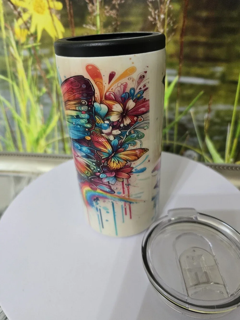 Handmade Butterfly 12oz Slim Duozie Tumbler Can Cooler with Extra Lid New